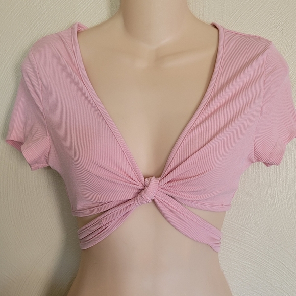 SHEIN Pink Tie Front Solid Rib-Knit Crop Top Size Women's Small 4 - Picture 5 of 10
